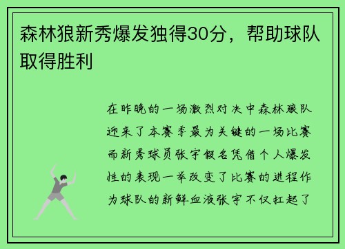 森林狼新秀爆发独得30分，帮助球队取得胜利