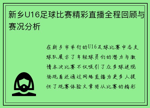 新乡U16足球比赛精彩直播全程回顾与赛况分析